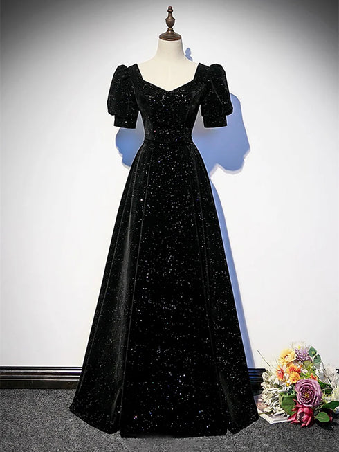 Black A-line Velvet Short Sleeves Party Dress, Black Velvet Sweetheart Prom Dress
